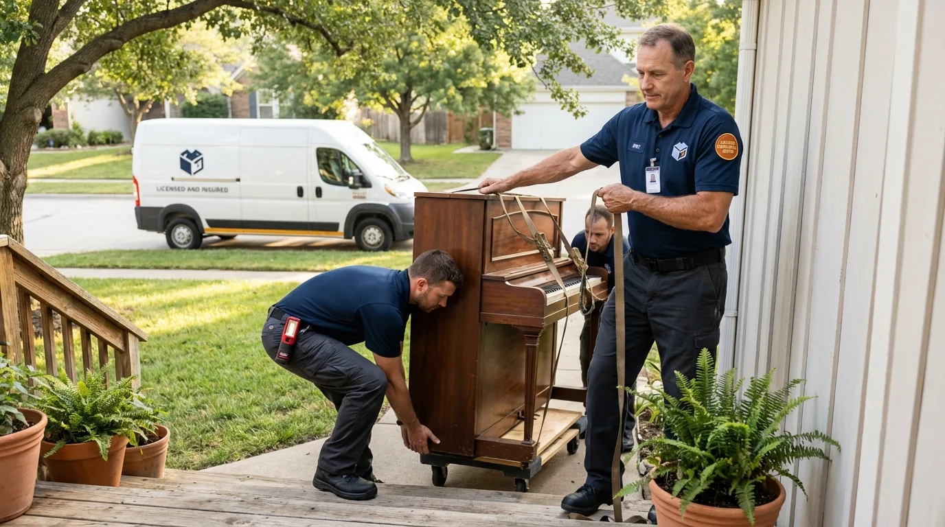 Licensed piano movers securing grand piano in Cornish, ME