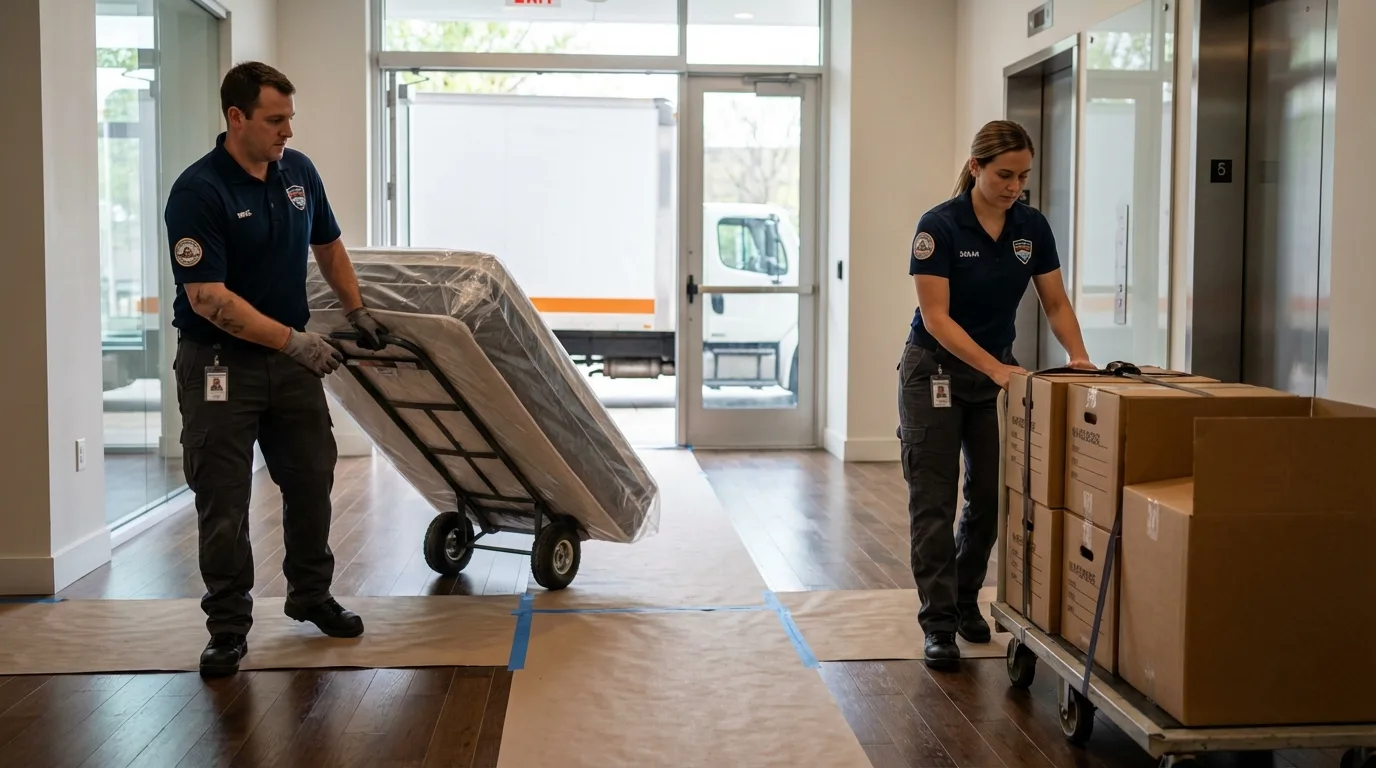 Professional apartment movers loading elevator in Cornish, ME